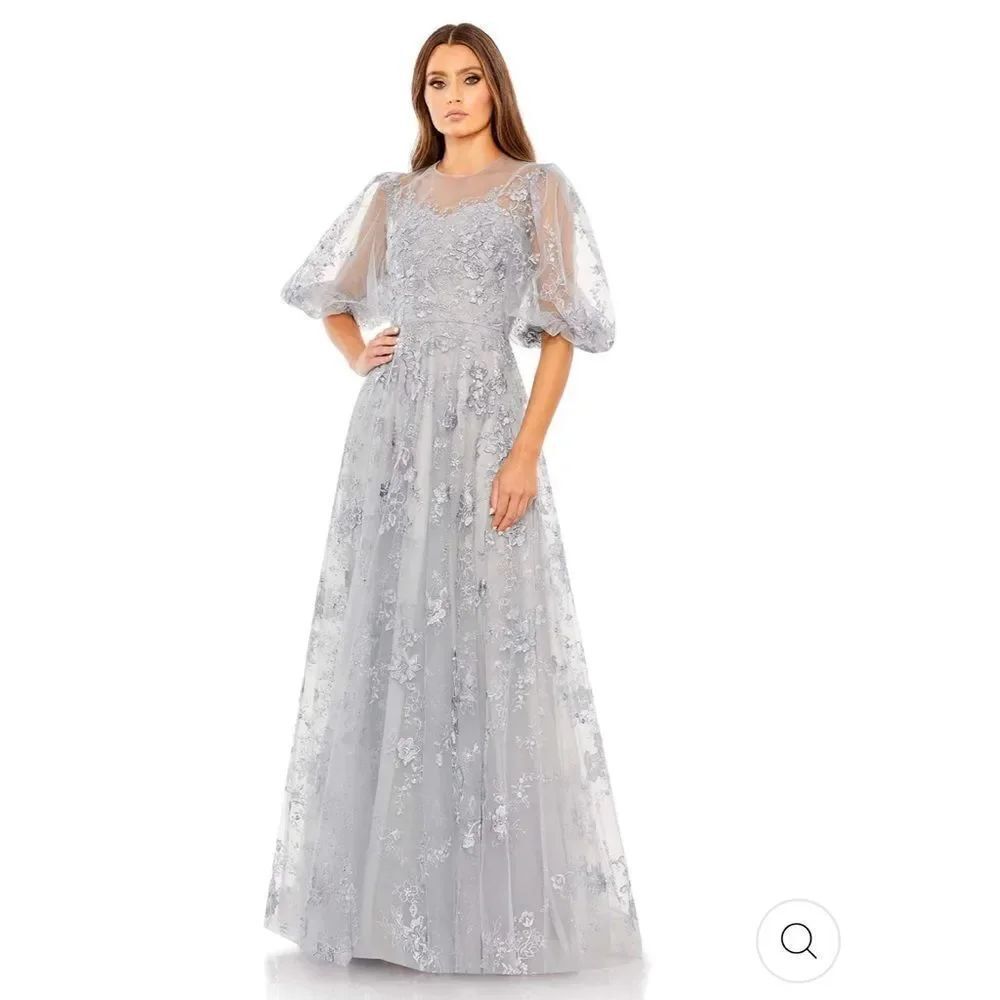 NEW Mac Duggal women’s embroidered illusion high neck puff sleeve dress size 16